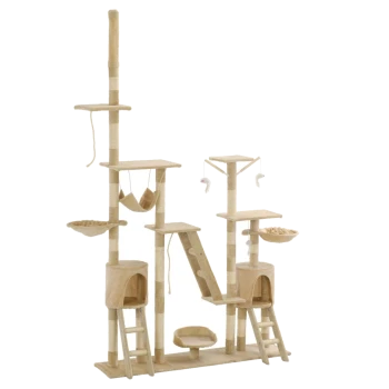 Katzenbaum mit mehreren Plattformen, Hängematten und Kratzpfosten in einer natürlichen Holzoberfläche, entworfen zum Klettern und Spielen.