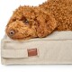 Lockiger rotbrauner Hund, der seinen Kopf auf einem beigen Canvas-Hundebett mit kleinem Lederetikett mit geprägter Hundesilhouette ablegt.