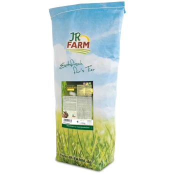 Un sac de nourriture complète pour lapins JR FARM sans céréales de 15 kg, avec un design vert et bleu et une image de lapin, et du texte en allemand.