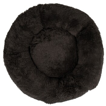 Rundes, plüschiges schwarzes Haustierbett mit einer weichen, pelzigen Textur, entworfen für Komfort und Entspannung.