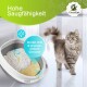 Graue flauschige Katze neben einer Katzentoilette mit klumpender Streu, deutscher Text „Hohe Saugfähigkeit“ und „bindet Urin & unangenehme Gerüche“.