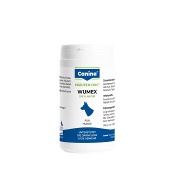 Canina WUMEX 100% Natur Nahrungsergänzung für Hunde in Dose, blaue Hundesilhouette, Aufschrift „Unterstützt die Darmflora & die Abwehr“.