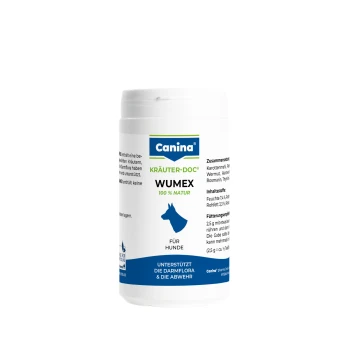 Canina WUMEX 100% Natur Nahrungsergänzung für Hunde in Dose, blaue Hundesilhouette, Aufschrift „Unterstützt die Darmflora & die Abwehr“.