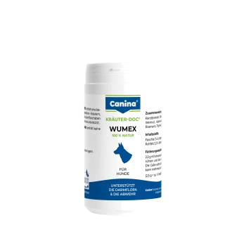 Canina WUMEX 100% Natur Nahrungsergänzung für Hunde in Dose, blaue Hundesilhouette, Aufschrift „Unterstützt die Darmflora & die Abwehr“.