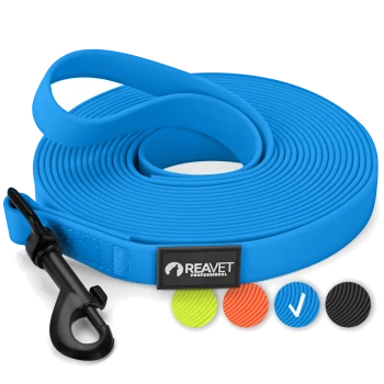 Blaue REAVET Professional Hundeleine mit schwarzem Clip und Farboptionen in Grün, Orange, Blau und Schwarz.