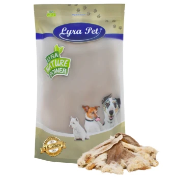 Eine Tüte Lyra Pet Hundeleckerlis mit der Aufschrift "Lyra Nature Power," mit Bildern eines Hundes, einer Katze und eines Welpen, mit einem Stapel Leckerlis davor.