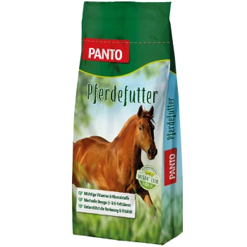 PANTO Pferdefutterbeutel mit einem braunen Pferd, mit Text, der wichtige Vitamine, Omega-3- und 6-Fettsäuren sowie Verdauungsunterstützung hervorhebt.