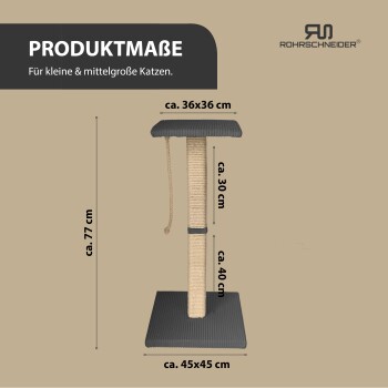 Kratzbaum mit den Maßen: 77 cm Höhe, 36x36 cm oben, 45x45 cm Basis, geeignet für kleine bis mittelgroße Katzen.