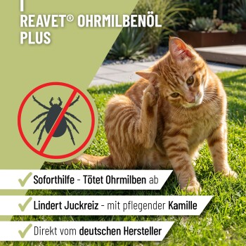 Flasche REAVET Ohrmilben Öl Plus für Haustiere, mit einem Katzenbild, mit Text, der Vorteile wie effektive Behandlung von Ohrmilben und einfache Dosierung hervorhebt.