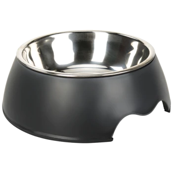 Black pet food bowl with a stainless steel interior and a non-slip base, designed for dogs or cats.