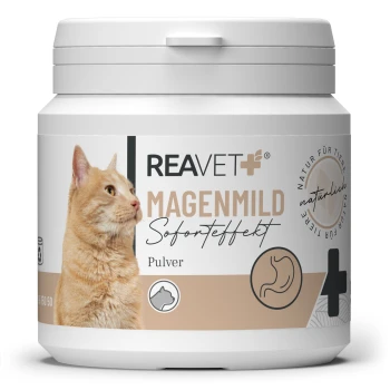 Behälter von REAVET+ Magenmild Tierpulver, zeigt eine orange Katze und Text über natürliche Inhaltsstoffe und schnelle Wirkungen.