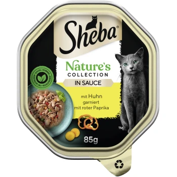 Sheba Nature's Collection Katzenfutter in Sauce, mit Huhn und rotem Pfeffer, mit einem Bild einer grauen Katze und einer Schüssel mit Futter.