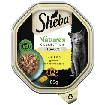 Nourriture pour chat Sheba Nature's Collection en sauce, avec du poulet et du poivron rouge, avec une image d'un chat gris et d'un bol de nourriture.