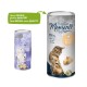 Deux contenants cylindriques de friandises pour animaux : à gauche "Happy Cubes" avec un chat et de la viande de poulet ; à droite "Crispy Snack Moments" avec du filet pur.