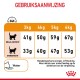 Voedingsrichtlijnen voor katten op basis van gewicht, met ideale en overgewicht porties in grammen voor katten van 3kg tot 6kg, met een watericoon.