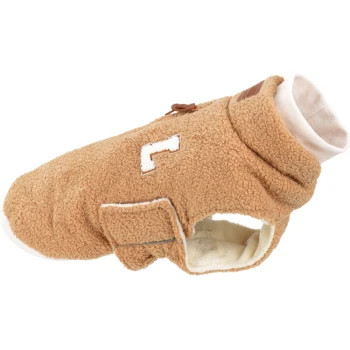 Pull en polaire pour chien avec un patch blanc en forme de lettre "L", doté d'une fermeture à bouton et d'une doublure douce pour la chaleur.