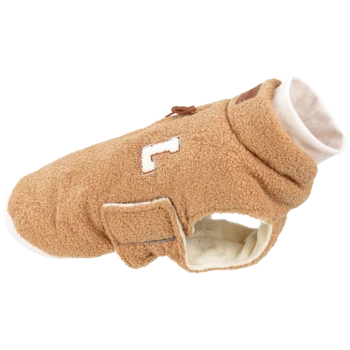 Beige Fleece-Hundepullover mit einem weißen Buchstaben "L"-Patch, mit einem Knopfverschluss und weicher Fütterung für Wärme.