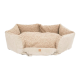 Beiges Plüschhaustierbett mit erhöhten Seitenrändern, Sherpa-Innenfutter, Cord-Außenseite, vorderem Bindeband und kleinem Etikett