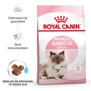 Royal Canin Mother & Babycat droog kattenvoer verpakking toont een moederkat en kitten, met nadruk op gezondheidssteun en immuunvoordelen.