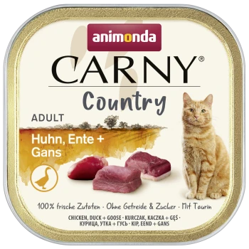 Animonda CARNY Country tray voor volwassen katten, oranje gestreepte kat, stukjes rauw vlees, labeltekst 'Huhn, Ente + Gans'.