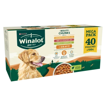 Winalot Meaty Chunks Mega Pack, featuring 40 pouches of 100g each, includes chicken with carrots, beef with potatoes, and lamb with carrots in gravy.