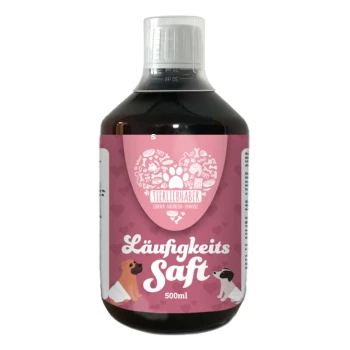 Flasche mit "Läufigkeits Saft" (500ml) für Haustiere, mit einem pinken Etikett mit Illustrationen von Hunden und dem Markennamen "Tierliebhaber."