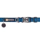 Blau gemustertes Hundehalsband mit einer schwarzen Schnalle und einem Anhänger mit dem "RUFFWEAR"-Logo.