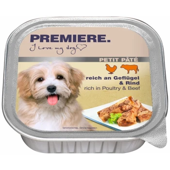 Emballage de nourriture pour chien avec un chien souriant, avec le texte "PREMIERE. J'aime mon chien" et "riche en volaille et bœuf" en allemand et en anglais.