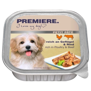 Hondenvoer verpakking met een lachende hond, met de tekst 'PREMIERE. I love my dog' en 'rijk aan gevogelte & rundvlees' in het Duits en Engels.