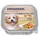 Hundefutterverpackung mit einem lächelnden Hund, mit dem Text "PREMIERE. Ich liebe meinen Hund" und "reich an Geflügel & Rind" auf Deutsch und Englisch.