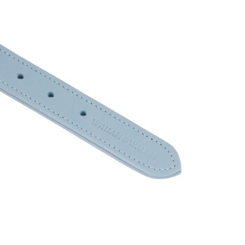 Hellblaue Leder-Haustierhalsband mit Nähten und fünf Einstelllöchern, geprägt mit "WILLIAM & WALTZ."