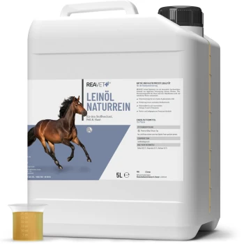 Behälter mit REAVET Leinöl Naturrein für Pferde, mit einer Grafik eines galoppierenden Pferdes und Nährwertangaben an der Seite.