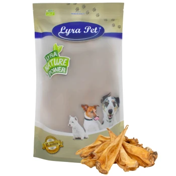 Lyra Pet Hundeleckerlipackung mit einer Vielzahl von Hunden auf der Vorderseite, mit dem Etikett "Lyra Nature Power" und einem Haufen Leckerlis davor.