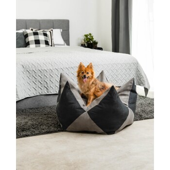 Ein flauschiger orangefarbener Hund sitzt glücklich auf einem stilvollen schwarz-grauen Haustierbett in einem modernen Schlafzimmer mit einer grauen Decke und dekorativen Kissen.