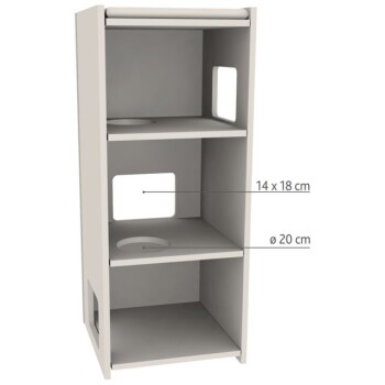 Ein dreistufiges Haustierregal mit einer hellgrauen Oberfläche, das zwei runde Öffnungen (ø 20 cm) und eine rechteckige Aussparung (14 x 18 cm) an den Seiten aufweist.