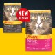 Zwei Josera-Katzenfutterbeutel mit großem Katzengesicht und rotem 'NEW DESIGN'-Abzeichen; Beschriftungen: Josera, Naturelle, Indoor, Adult, 10 kg