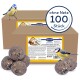 Gourmet-Vogelfutterbälle ohne Netz, mit einer Blaumeise, die auf der Box sitzt, und Verpackung, die "100 Stück" und Produktdetails zeigt.