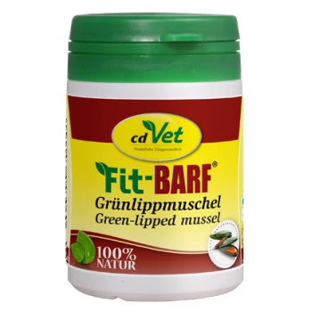 Behälter mit cdVet Fit-BARF Grünlippmuschel Ergänzung für Haustiere, beschriftet mit "100% Natur" mit einem grünen Deckel und gelbem Hintergrund.