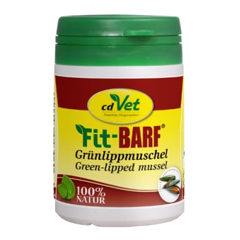 Behälter mit cdVet Fit-BARF Grünlippmuschel Ergänzung für Haustiere, beschriftet mit "100% Natur" mit einem grünen Deckel und gelbem Hintergrund.