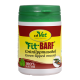 Behälter mit cdVet Fit-BARF Grünlippmuschel Ergänzung für Haustiere, beschriftet mit "100% Natur" mit einem grünen Deckel und gelbem Hintergrund.