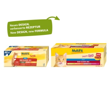 Zwei Boxen MultiFit Katzenfutter, gekennzeichnet mit 'Duo Classic Mix' und 'Tasty Duo', mit Bildern von Katzen und dem Text 'Neues DESIGN, neue FORMEL.'