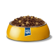 Eine gelbe Futterschüssel für Haustiere, gefüllt mit verschiedenen Kibble-Stücken, mit dem markanten Logo "NUTRI QM".