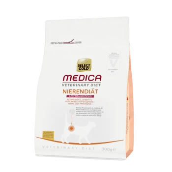 Sac de nourriture pour chien Select Gold Medica Veterinary Diet Nierendiät, 300g, étiqueté comme stimulant l'appétit avec des allégations nutritionnelles pour la santé rénale.