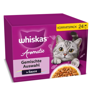 Lila Whiskas Aromatic Katzenfutterbox (VORRATSPACK 24) mit grauer getigerter Katze und Schüssel; sichtbarer Text: 'Gemischte Auswahl', 'in Sauce'