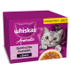 Lila Whiskas Aromatic Katzenfutterbox (VORRATSPACK 24) mit grauer getigerter Katze und Schüssel; sichtbarer Text: 'Gemischte Auswahl', 'in Sauce'