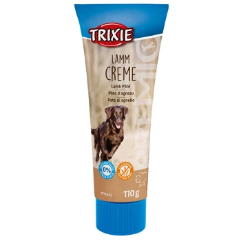 Premio Lammcreme 2x110g Trixie Lamm-Pâté Tube, 110g, mit einem laufenden Hund auf dem Etikett, mit Text, der glutenfrei und ohne Zuckerzusatz angibt.