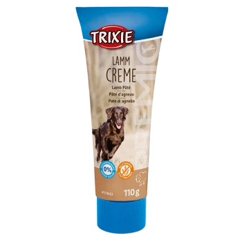 Trixie Lamm-Pâté Tube, 110g, mit einem laufenden Hund auf dem Etikett, mit Text, der glutenfrei und ohne Zuckerzusatz angibt.