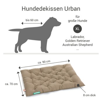 Hundebett 'Urban' für große Hunde, Maße 90 cm x 70 cm, 8 cm dick, geeignet für Rassen wie Labrador und Golden Retriever.