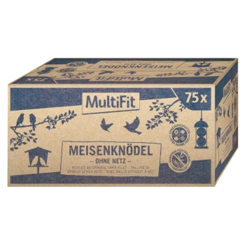 Cardboard box of MultiFit Meisenknödel (suet balls) with 75 pieces, labeled "ohne Netz" (without net), featuring bird illustrations.
