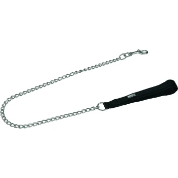Laisse pour chien en métal avec un design en chaîne et une poignée noire rembourrée pour le confort.
